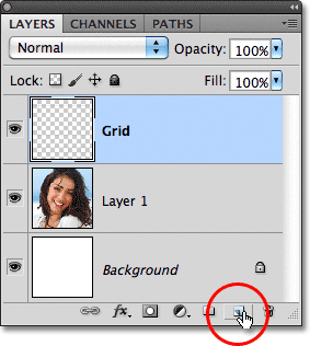 The New Layer icon in the Layers panel in Photoshop CS5.