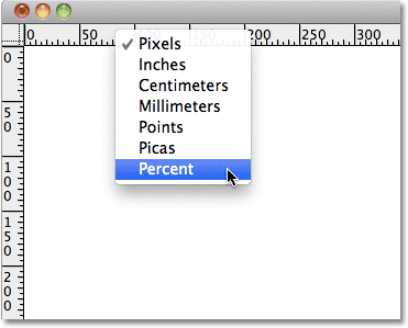 Changing the Photoshop rulers measurement type to Percent.