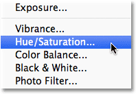 تحديد طبقة ضبط Hue / Saturation في Photoshop.