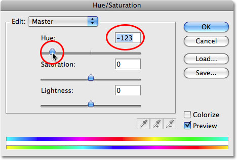 Dragging the Hue slider in the Hue/Saturation dialog box to the left.