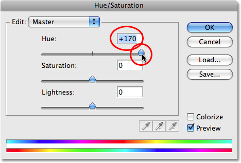 Dragging the Hue slider to the right.