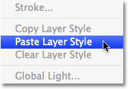 Selecting Paste Layer Style from the Layer menu in Photoshop.