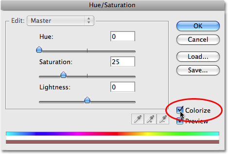 The Colorize option in the Hue/Saturation dialog box in Photoshop.