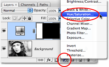 Selecting a Hue Saturation adjustment layer in Photoshop.