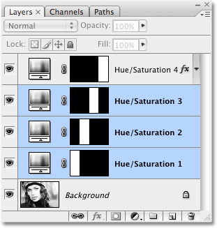 Selecting three adjustment layers in the Layers palette.