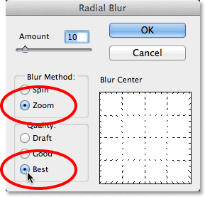 تعيين خيارات Blur Method و Quality لمرشح Radial Blur.  صورة © 2013 Photoshop Essentials.com