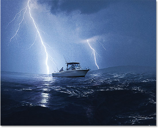 Boat in lightning storm.