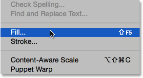 Selecting the Fill command from under the Edit menu. Image © 2014 Photoshop Essentials.com.