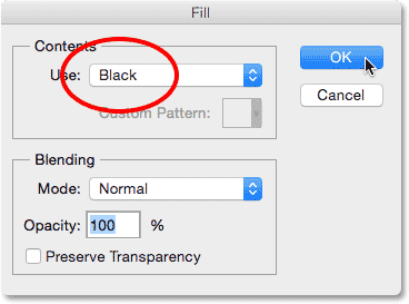 Changing Use to Black in the Fill dialog box. Image © 2014 Photoshop Essentials.com.