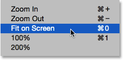 Selecting Fit on Screen from under the View menu. Image © 2014 Photoshop Essentials.com.