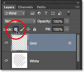 Clicking the Lock Transparent Pixels icon. Image © 2014 Photoshop Essentials.com.