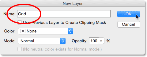 Naming the new layer in the New Layer dialog box. Image © 2014 Photoshop Essentials.com.