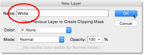 Naming the new layer in the New Layer dialog box. Image © 2014 Photoshop Essentials.com.