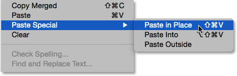 Selecting the Paste in Place command from under the Edit menu. Image © 2014 Photoshop Essentials.com.