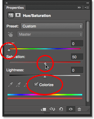 The Hue/Saturation options in the Properties panel. 