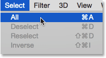 Choosing the Select All command. Image © 2014 Photoshop Essentials.com.