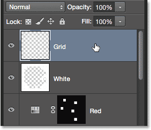 Clicking the Grid layer to select it. Image © 2014 Photoshop Essentials.com.