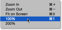 Selecting 100% from under the View menu. Image © 2014 Photoshop Essentials.com.