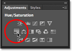 Selecting a Hue/Saturation adjustment layer from the Adjustments panel.