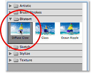 Selecting the Diffuse Glow filter from the Filter Gallery in Photoshop CS6.