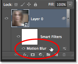 The Motion Blur Smart Filter listed below the Smart Object in the Layers panel.