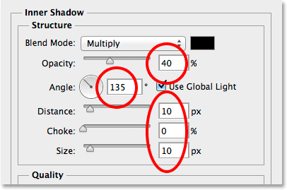 خيارات Inner Shadow في شاشة Layer Style.