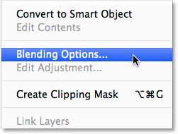 Selecting the Blending Options from the Layers panel menu.