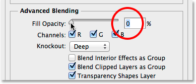 Lowering Fill Opacity to 0 percent in the Blending Options.