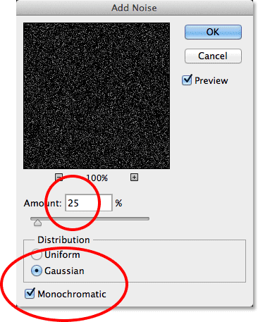 The Add Noise filter dialog box in Photoshop CS6.