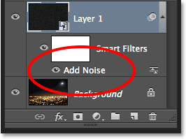 The Layers panel showing the Add Noise Smart Filter.