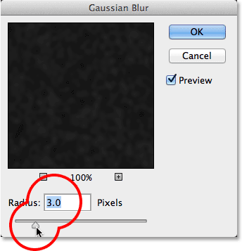 Setting the Radius value in the Gaussian Blur dialog box.