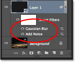 The Add Noise and Gaussian Blur Smart Filters in the Layers panel.