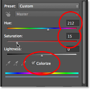 The Hue/Saturation options in the Properties panel in Photoshop CS6.