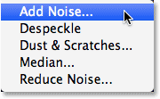 Selecting the Add Noise filter from the Filter menu.