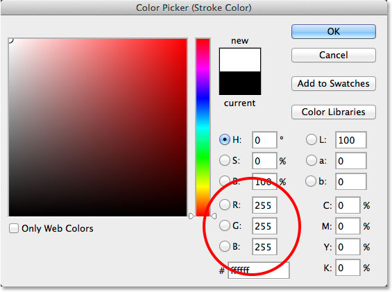 اختيار الأبيض للون الحد في Color Picker