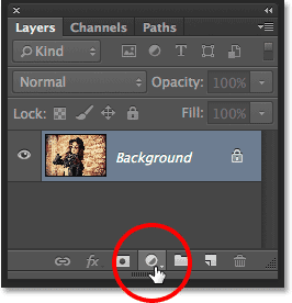 Clicking the New Fill or Adjustment Layer icon in the Layers panel in Photoshop