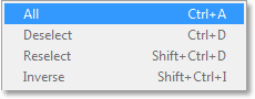 Choosing the Select All command in Photoshop CS6. Image © 2013 Photoshop Essentials.com