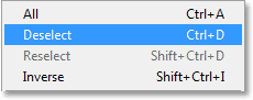 Choosing the Deselect command from the Select menu in Photoshop CS6. Image © 2013 Photoshop Essentials.com