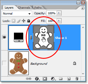 Adobe Photoshop tutorial image: Clicking on the shape layer's preview thumbnail in the Layers palette to select it.