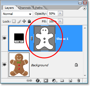 Adobe Photoshop tutorial image: The shape layer thumbnail showing the holes cut out of the shape.