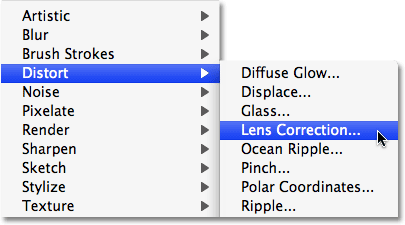 Selecting the Lens Correction filter in Photoshop.