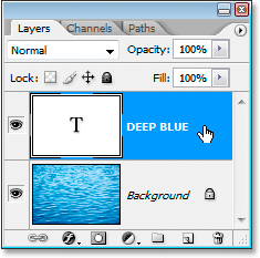 Photoshop's Layers palette now showing the type layer above the Background layer