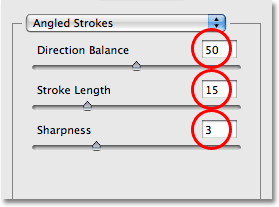 The options for the Angled Strokes filter in Photoshop.