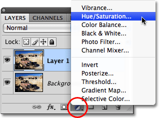 Choosing an adjustment layer in Photoshop CS4.