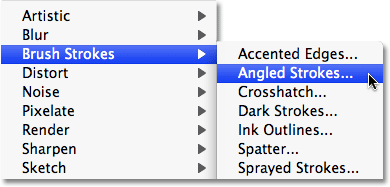 Selecting the Angled Strokes filter in Photoshop.