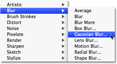 Selecting the Gaussian Blur filter in Photoshop CS4.