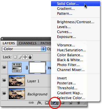 Selecting a Solid Color fill layer in Photoshop.