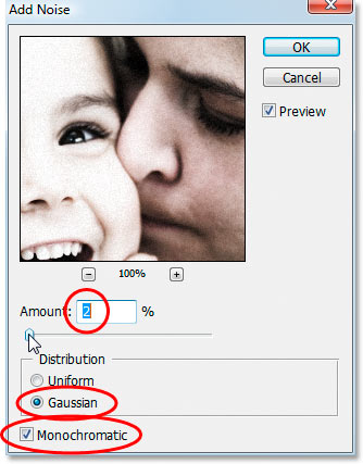 Photoshop's 'Add Noise' filter dialog box.