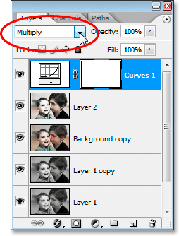 Changing the blend mode for the Curves adjustment layer to 'Multiply'.