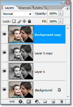 Using the keyboard shortcut to jump the Background copy layer to the top of the Layers palette.